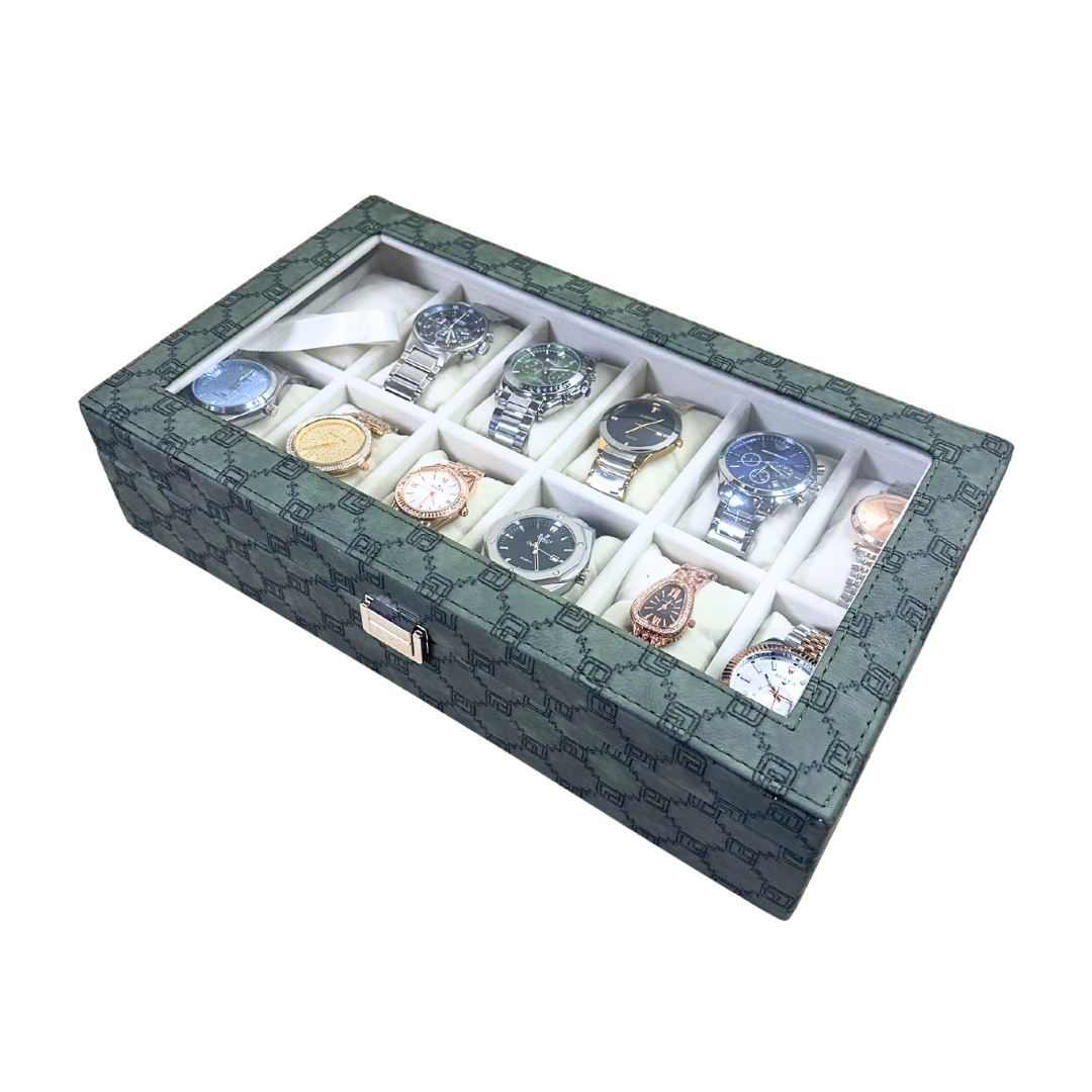 Designer 12-Slot Watch Box with Glass Top